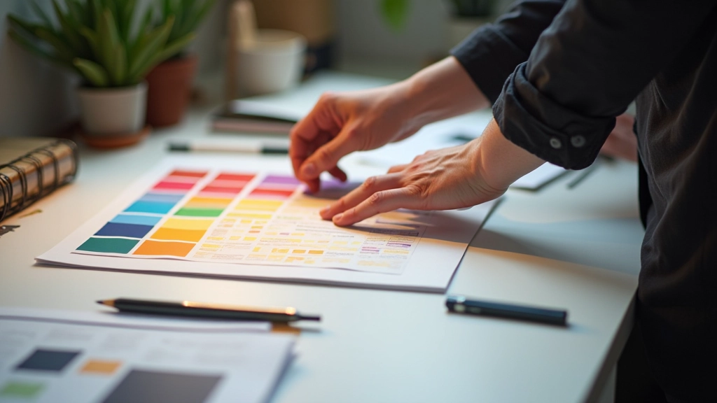 Designer arbeitet an Farbpaletten-Moodboard mit analogen und digitalen Werkzeugen