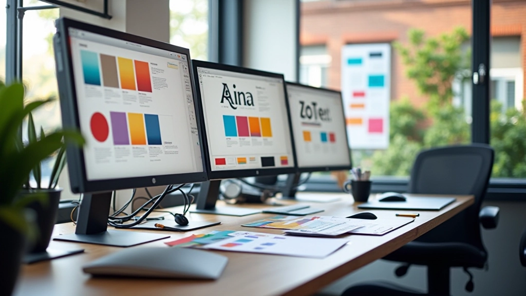 Modernes Designstudio mit Farbmustern und Typografie-Beispielen auf dem Bildschirm